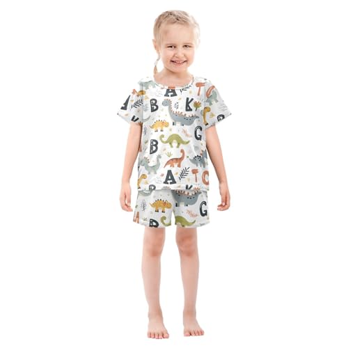 ALAZA Dinosaur Alphabet White Cute Pajamas Short Sleeve 2 Piece Sleepwear Top and Bottom Pajama Set Unisex3