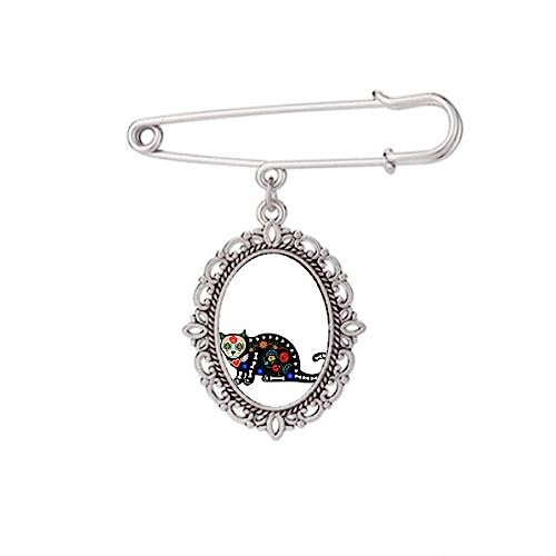 Broche chat noir fleur de taille M pour accessoiriser un châle d'hiver