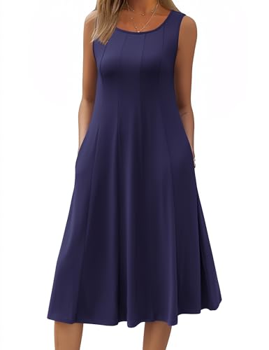 Image of HOTOUCH Summer Casual Dresses for Women Sleeveless Midi Dress Swing Tank Sundress Pleated Tshirt Dress with Pockets