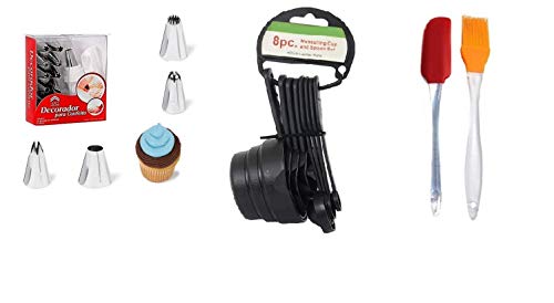 Roult Combo 12 Piece Set Cake Decorating Popular Frosting Icing Piping Bag Tips with Steel Nozzles Washable Black Measuring Cups and Spoons Silicon Spatula and Brush Multicolor