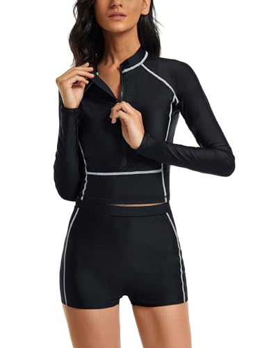 AQQYA Womens 2 Piece Rash Guard Long Sleeve Zipper Rashguard UPF 50 Bathing Suit with Boyshort