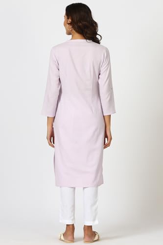 Image of W for Woman Lilac Mandarin Collar Cotton Blend Straight Kurta