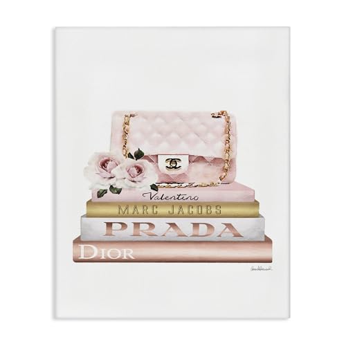 Image of Stupell Industries Pink Purse Gold Bookstack Glam Fashion Watercolor Design, Designed by Amanda Greenwood Wall Art, 36 x 1.5 x 48, Canvas | Stupell Industries | 36 x 48 Inches, Easy to Hang and Sturdy, Made in USA, by Amanda Greenwood