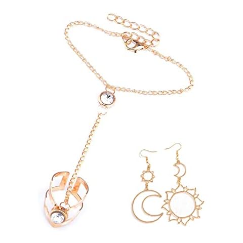 YLWX Women's Rhinestone Bracelet with Ring, Adjustable Hand Chain and Rings, with Moon Sun Earrings (Color : Gold) Cover