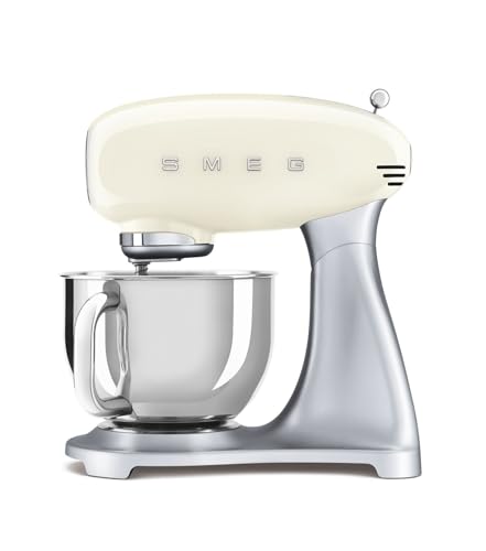 Smeg, Impastatrice Planetaria SMF04CREU, 10 Livelli di Velocità, Funzione Smooth Start e Steady Mix, Ciotola da 4,8 L, Sicurezza Blocco Motore, Inclusi 2 Fruste e Gancio Impastatore, 800 W, Panna