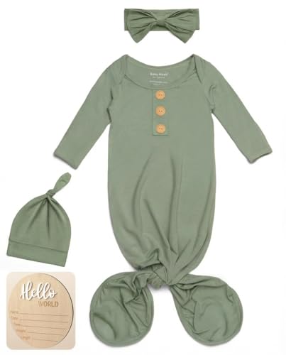 Image of Baby Noah Newborn Knotted Gown, Ultra-Soft Silky Long Sleeve Sleeper, Unisex Coming Home Outfit Set With Wooden Name Sign