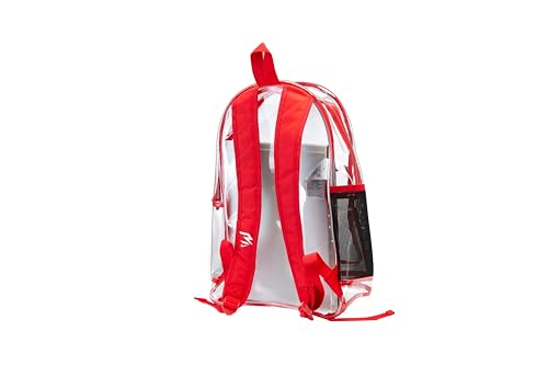 Image of Nike 3Brand Clear Backpack - Red - One size (23L) | See through school bookbag for boys, girls, men, women. Zip main compartment, side mesh bottle pocket, padded shoulder straps