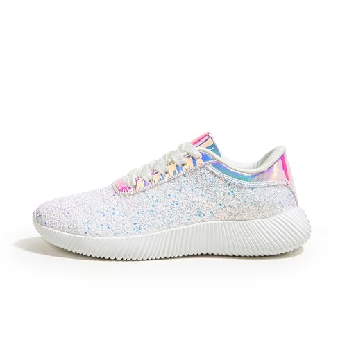 LUCKY STEP Damen Glitzer Turnschuhe Strass Sneaker Leichte Metallische Pailletten-Tennisschuhe (Weiß, 8.5US-39EU-6UK)