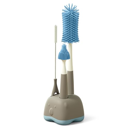 Image of Silicone Bottle Brush Cleaning Set, Gray, Nipple Cleaner, Straw Brush, Includes Drying Rack Stand.