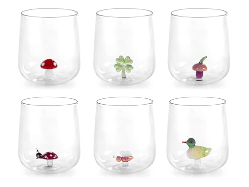 H&H, Set 6 Bicchieri in Vetro Borosilicato 46 cl con Miniature Interne Assortite – Fungo, Quadrifoglio, Coccinella, Ape, Anatra, Ghianda – Lavabili in Lavastoviglie