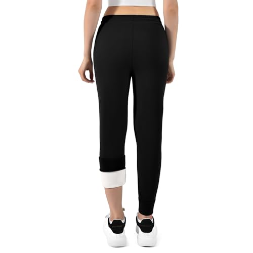 Ipletix Damen-Thermohose, gefütterte Fleece-Thermohose mit 2 Taschen, Dicke, warme Jogginghose mit Kordelzug, Dicke Winterhose für Freizeit, Fitnessstudio und Jogging Schwarz 1 Pack L
