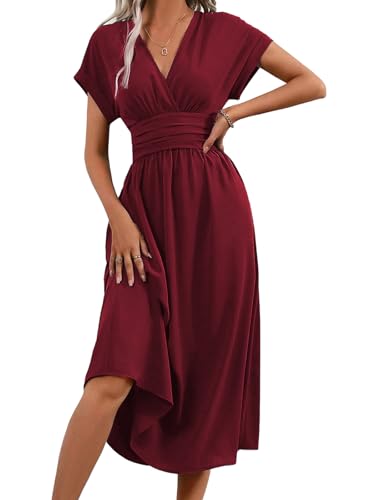 LIAMERHE Vestido Verano Manga Corta Mujer Casual Vestidos Largos Cuello en V Elegante Plisado Vestido Línea A Vestido Largo para Fiesta en Playa Burdeos M