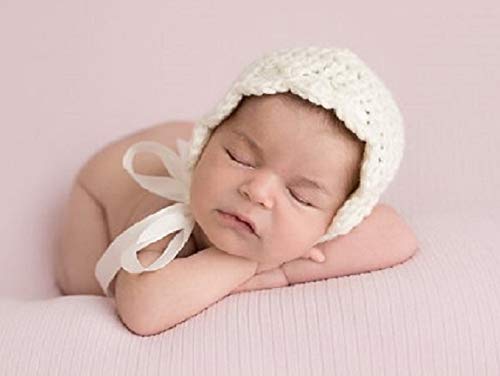 Handmade Crochet Baby Bonnet, Newborn Girl Hat, Photo Prop, Off White Cream