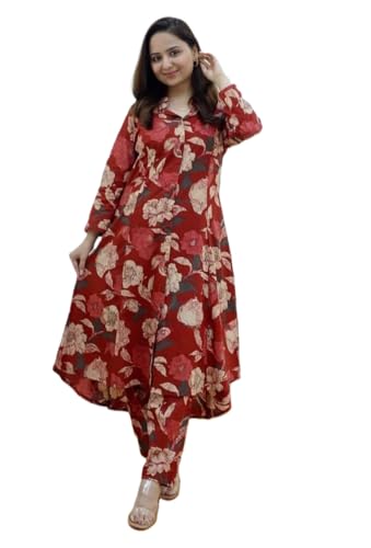 Image of DHRUVI TRENDZ Anarkali Kurta-Set for Women - Viscose Rayon Printed Kurta & Straight Pant | Festive Ethnic Indian Traditional Outfit for Functions & Puja | Lightweight Two Piece Dress for Daily Wear & Holiday Look | 3 /4 Sleeve