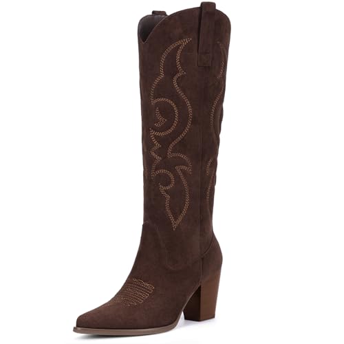Pasuot Suede Cowboy Boots for Women - Western Knee High Cowgirl Boots with Side Zipper, Retro Pointed Toe Tall Block Heel Pull On Long Boot Fall Winter Concert Rodeo Festival Daily Chocolate Size 7.5
