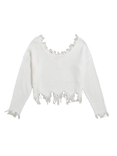 Verdusa Women's Ripped Scoop Neck Long Sleeve Frayed Knitted Pullover Crop Top Sweaters2