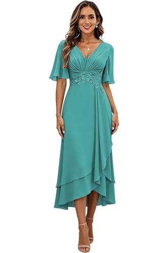 Image of Lace Applique Mother of Bride Dresses Chiffon Mother of the Groom Dresses Tea Length Formal Evening Dress with Sleeve