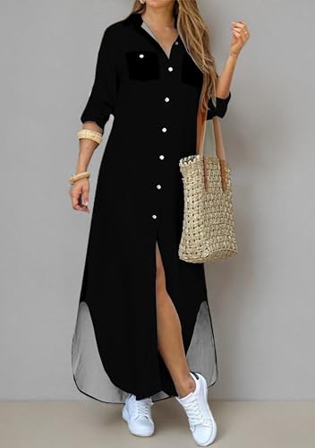 Image of DIACACY Women's Casual Lapel Collar Floral Print Maxi Dresses Side Slit Long Sleeves Loose Slim Shirt Dresses