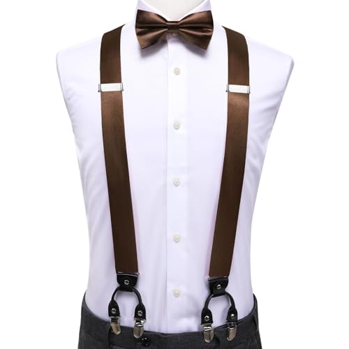 Image of Hi-Tie Men Suspender Bowtie Set Suspenders Pre-tied Bow Tie Pocket Square Cufflinks Adjustable Y Shape 6 Clips Braces Tuxedo
