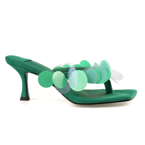 Image of Goolita Women's Suede Sequin Kitten Heels Flip Flops Open Square Toe Strappy Thong Slide Heeled Sandals Comfort Prom Party Mules Heels