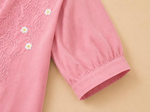 Image of RIEKA Womens Embroidered Korean Style Top and Tunic; V Neck| Floral Thread Embroidery| Three Quarter Puff Sleeves |Relaxed Fit Curved Hem| Casual Everyday Fusion Top