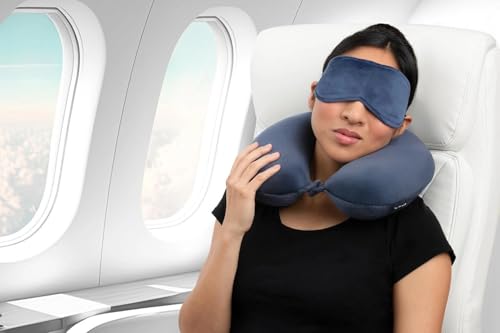 Image of Microfiber Travel Pillow with Eye Mask - Soft Neck Support Pillow for Airplane, Car, Train & Office - Compact & Lightweight Travel Essentials Set for Men & Women,Green