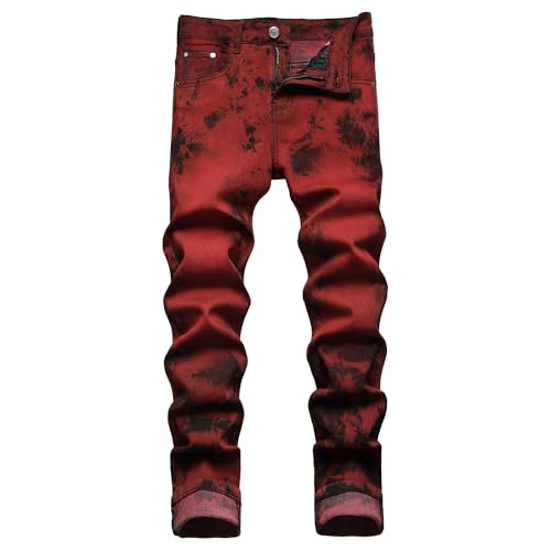 Jeans for Men Skinny Stretch Straight Leg Slim FitDenim Pants Hip Hop Streetwear Jean Trousers (Red,34)