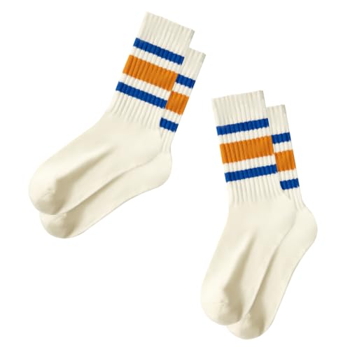 Image of Vintage Striped Crew Socks Slouchy Calf Tube Socks for Women and Men | Retro Athletic Mid-Calf Socks, Stretchy Knit Casual Comfort for Running Golf Tennis Volleyball & Daily Wear