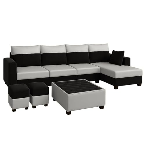 Image of FURNY Arissa 8 Seater Fabric RHS L Shape Sofa Set with 1 Centre Table & 2 Puffies (Light Grey-Black) Premium Velvet Finish | Ideal of Living Room