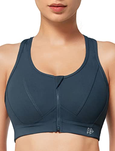 Yvette Zip Front Sports Bra - High Impact Sports Bras For Women Plus Size Workout Fitness Running,Navy #TOP18