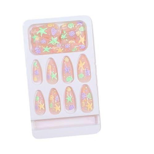Image of Ocean Starfish Press on Nails Short Square Acrylic Fake Nails with Sea Shell Design Nude Full Cover Glue on nails Colorful False Nails Glossy Artificial Stick on Nails for Women Summer Manicure 24Pcs