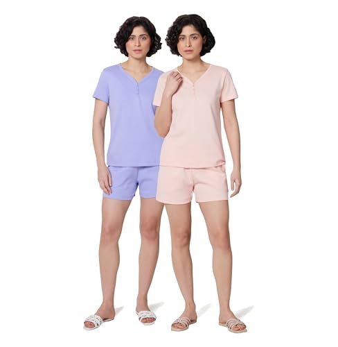 Image of Symbol Premium Women's Pure Cotton T-Shirt and Shorts Night Suit | Henley Neck | Two Piece Set |Regular Fit (Available in Plus Sizes)