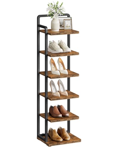 CHOEZON 6-Tier Vertical Shoe Rack, Narrow Shoe Tower, Corner Shoe Storage Organizer, Shoe Shelf, for Small Spaces, Industrial Style, for Entryway, Hallway, Living Room, Rustic Brown and Black TXJ06BF