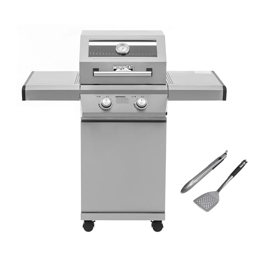 Monument Grills 14633 2-Burner Stainless Steel Foldable Liquid Propane Gas Grill with Clearview® Lid, Knob Controls with Barbecue Tool Set(2 items) C