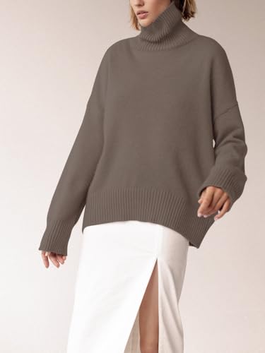 Image of YKR Women's Turtleneck Sweater Chunky Long Sleeve Knitted Pullover High Low Hem Trendy 2026 Fall Winter Basic Jumper Top