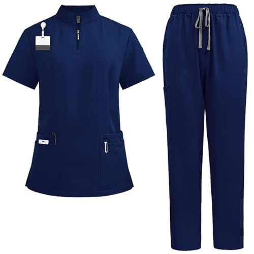 ThreeH Conjunto de Ropa médica Tipo Jogger Uniforme de Trabajo Transpirable Camisa con Cuello Alto y Pantalones con Cintura elástica para Personal Sanitario hospitalario