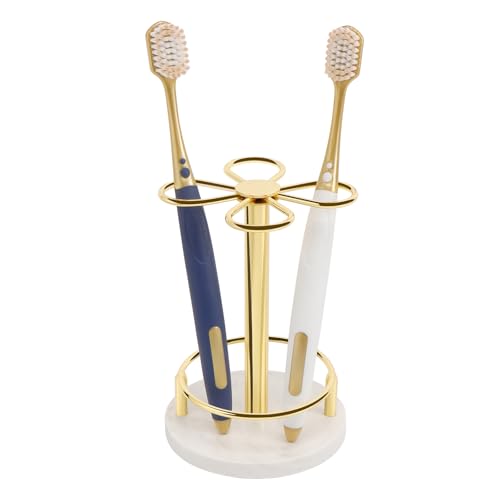 HarJue Toothbrush Holder Stand for Bathroom Metal Toothbrush Organizer with Marble Base Toothbrush Storage Collection for Family Suitable for Home Hotel Countertop Vanity (Small Gold)