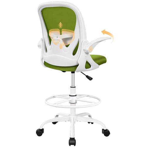 Image of Primy Drafting Chair Tall Office Chair with Flip-up Armrests Executive Ergonomic Computer Standing Desk Chair with Lumbar Support and Adjustable Footrest Ring (AvocadoGreen)