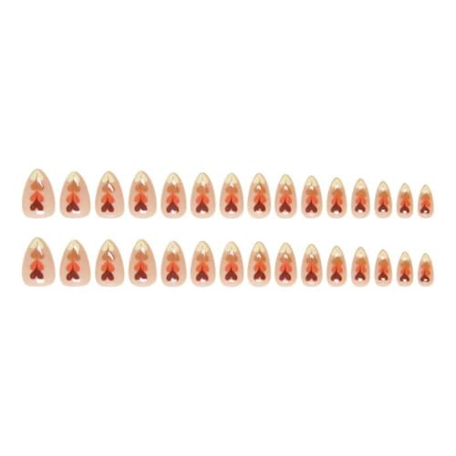 Image of Heart Press on Nails Brown Fake Nails Short Almond False Nails with Design Love Glue on Nails Glossy Artificial Acrylic Nail Full Cover Nude Stick on Nails for Women Manicure 24Pcs