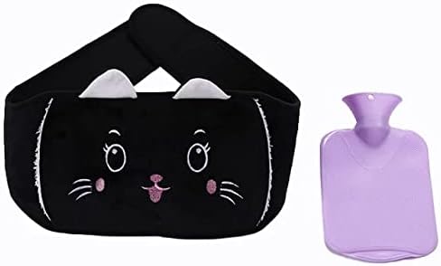 Hot Water Bottle Belt Carrier, Warm Water Bag Rubber Hot Water Pouch with Soft Plush Hand Waist Warmer Cover, Arthritis Pain Relief, Menstrual Cramps, Period Pain, Hot & Cold Therapy (Black Cat)