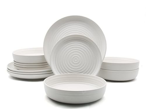 Waterside 12pc Ribbed Cream Stoneware Dinnerware Set, 4 Dinner Plate, Side Plate and Bowls