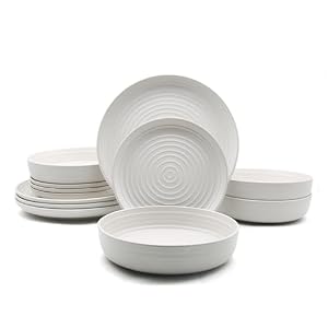 Waterside 12pc Ribbed Cream Stoneware Dinnerware Set, 4 Dinner Plate, Side Plate and Bowls
