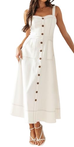 chouyatou Women's Adjustable Strap Midi Long Denim Dress 2025 Button Down A-Line Swing Flowy Jean Dress