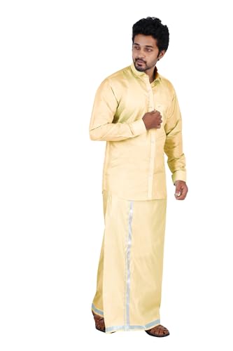 Image of PRAKASAM COTTON-Mens Art Silk Wedding Set /Art Silk 8 Mulam (8-Yard) Dhoti and Stitched Shirt for mens