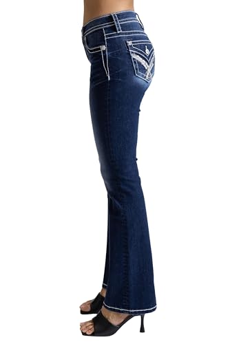 Miss Me Women's CRIS Cross Beaded Faux Flap Pockets Mid-Rise Bootcut Jeans3