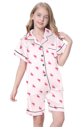 Image of Schbbbta Girls Womens Pajamas, Satin Silky Pjs Set Kids 2Pcs Button-Down Nightwear Sleepwear Gift for Mommy and me