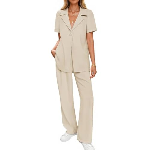 ZESICA Women’s 2025 Casual 2 Piece Outfits Short Sleeve Blazer Jacket and Wide Leg Pants Loose Business Suit Sets