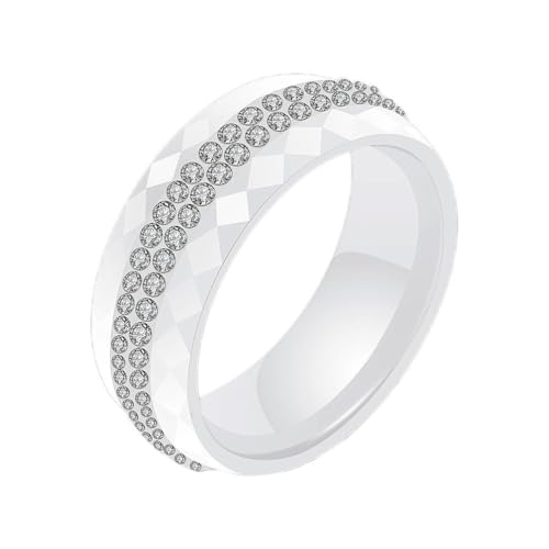 PAMTIER Unisex Ceramic 8mm Personality Simple Multi-Faceted Rhombic Cut 2 Lines Rows Crystal Zircon Inlay Ring Eternity Wedding Band