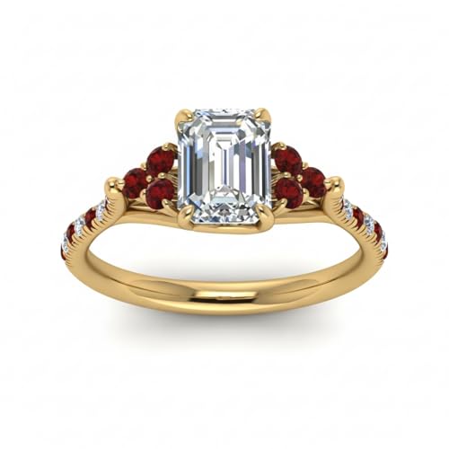 Image of Choose Your Gemstone Emerald Cut Petite Cathedral Diamond CZ Ring Yellow Gold Plated Emerald Shape Petite Engagement Rings for Women, Girls and Ladies US Size 4 to 12