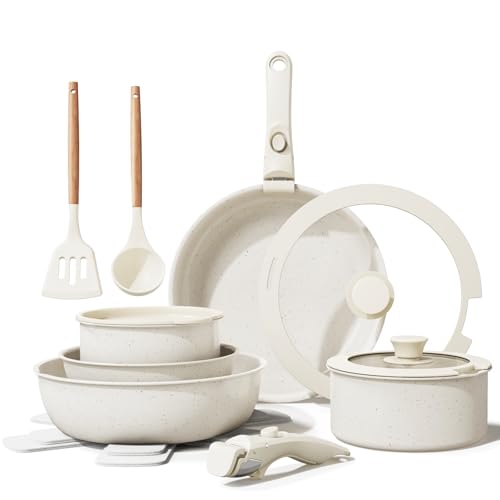 Ceramic Nonstick Cookware Set, Healthy,Non Toxic,17-Pieces Pots and Pans Set Removable Handles,Induction RV Kitchen Set,Stain & Scratch-resistant,Dishwasher/Oven Safe,PFAS/PFOA Free,Cream White